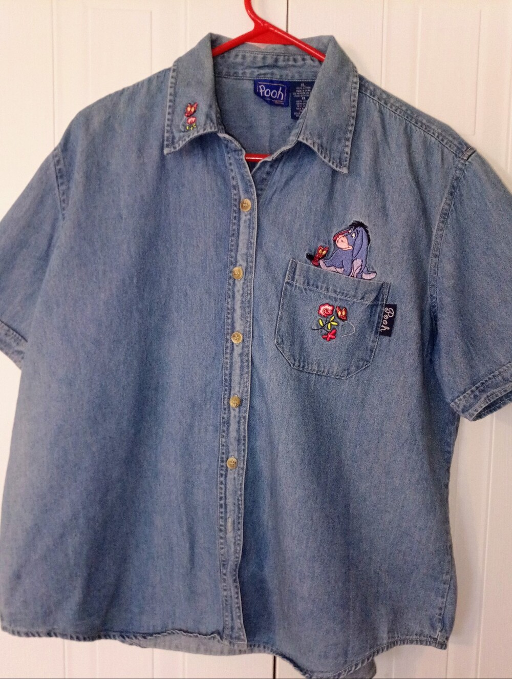 Vintage Disney Eeyore Denim Button Up Shirt XL Embroidered Pooh Chambray Top